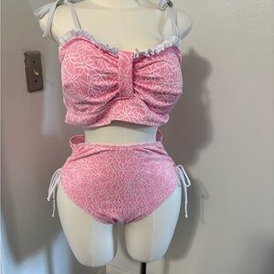 Pink Floral High-Waist Bikini Set with Ruffle Trim NWOT XL